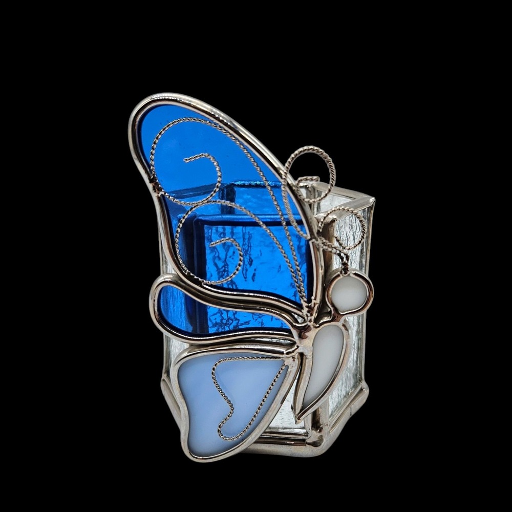 Stained Glass Blue Butterfly Votive Candle Holder Hexagonal Frosted 6 Panel
